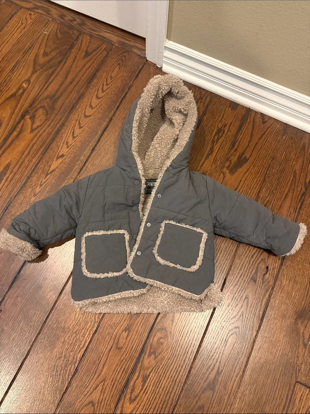 Zara Kids Gray Puffer Jacket with Cream Sherpa Lining